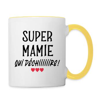 Super mamie qui déchire. Mug mamie qui déchire - Mug contrasté - blanc/jaune - Droite
