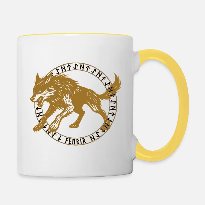 Golden Fenrir dans le cercle de runes vikings - Mug contrasté - blanc/jaune