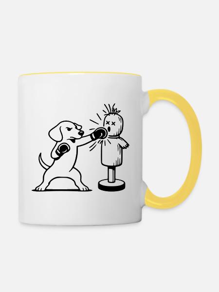 sparring dackel boxen line art - Tasse zweifarbig - Weiß/Gelb