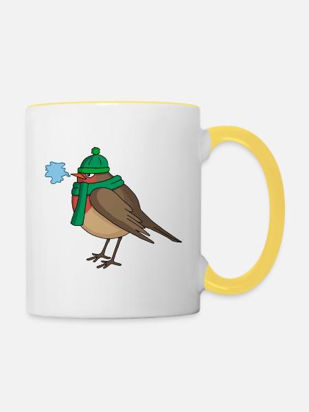 Der Vogel und der Winter - Tasse zweifarbig - Weiß/Gelb