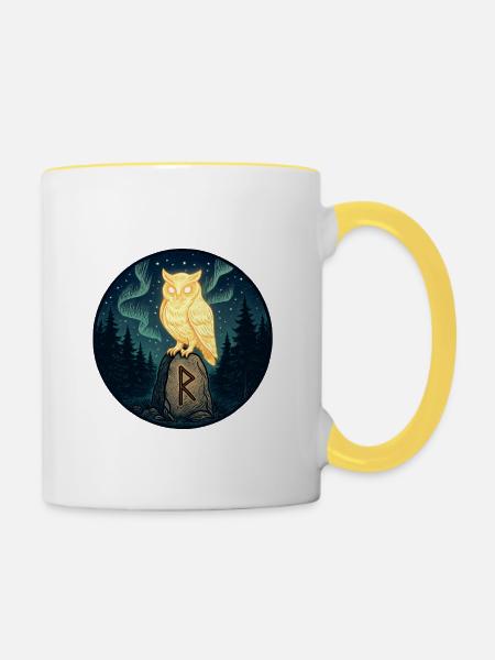 Goldene Eule über Mondfels im Wald - Tasse zweifarbig - Weiß/Gelb