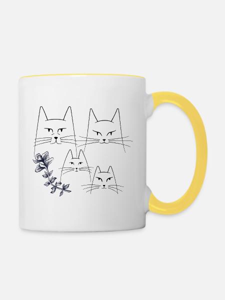Katzen mit Blumenranke - Tasse zweifarbig - Weiß/Gelb