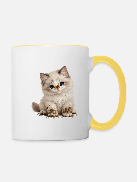Kleines süßes Kätzchen mit Schlammpfoten - Tasse zweifarbig - Weiß/Gelb