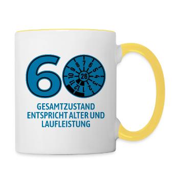 HU Juli 2026 - 60 Jahre - Geburtstag Geschenk - Tasse zweifarbig - Weiß/Gelb - Rechts