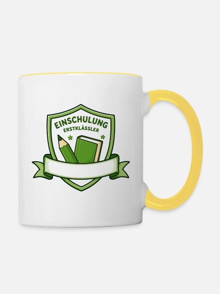 Einschulung Erstklässler Schild Motiv - Tasse zweifarbig - Weiß/Gelb