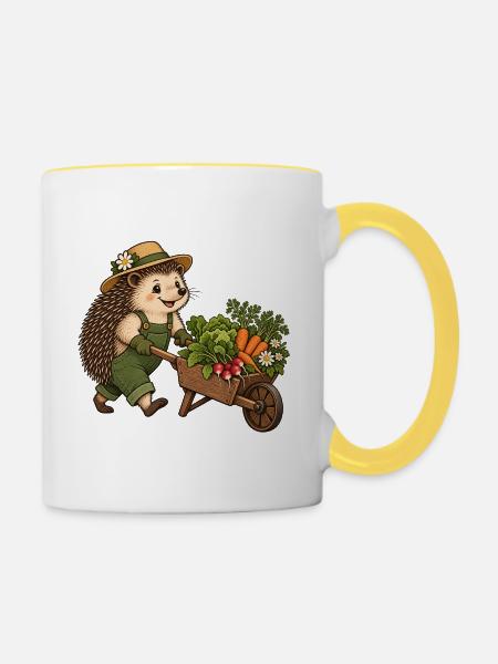 Igel-Gärtner mit Gemüseschubkarre - Tasse zweifarbig - Weiß/Gelb