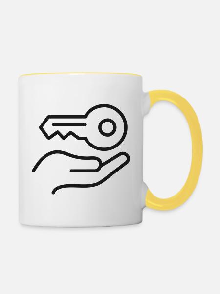 Tasten-in-Hand-Linien-Symbol - Tasse zweifarbig - Weiß/Gelb