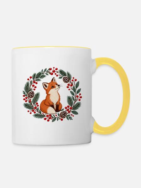 Fuchs im Winterkranz - Tasse zweifarbig - Weiß/Gelb