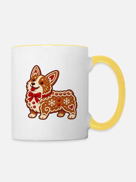 Lebkuchen-Corgi mit Schleife - Tasse zweifarbig - Weiß/Gelb
