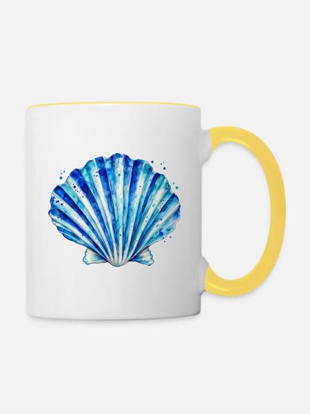 Blaues Muschelmuster Aquarell - Tasse zweifarbig - Weiß/Gelb