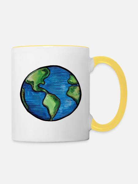 Aquarell Erdkugel-Illustration - Tasse zweifarbig - Weiß/Gelb