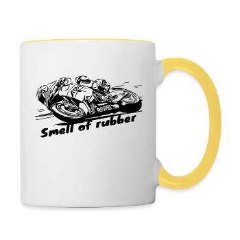 Der Geruch von Gummi 2 Motorradkollektion - Tasse zweifarbig - Weiß/Gelb - Rechts