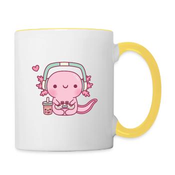 Süßer Axolotl-Spieler, der Videospiele spielt - Tasse zweifarbig - Weiß/Gelb - Rechts