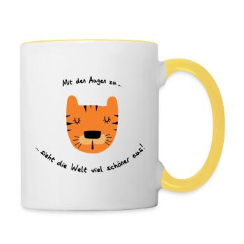 Mit den Augen zu sieht die Welt viel schöner aus. - Tasse zweifarbig - Weiß/Gelb - Rechts