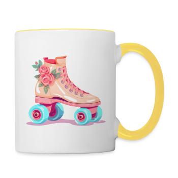 Rollschuhe Retro Blümchen pink für Skatergirls - Tasse zweifarbig - Weiß/Gelb - Rechts