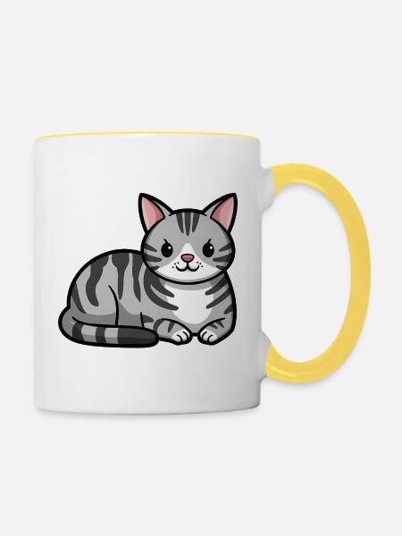 Grau getigerte Katze - Tasse zweifarbig - Weiß/Gelb