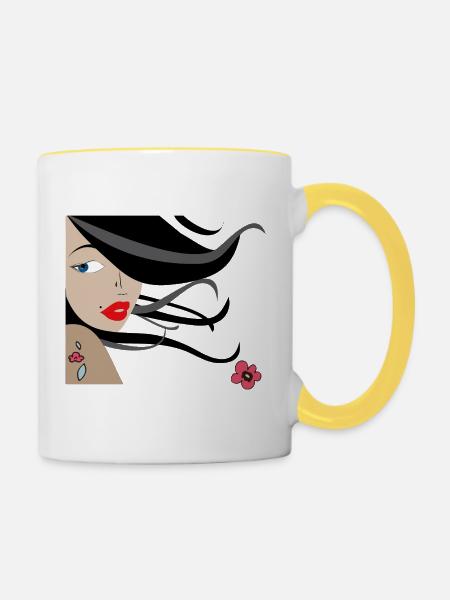 Elegante Frau mit Blumen und Tattoos - Tasse zweifarbig - Weiß/Gelb