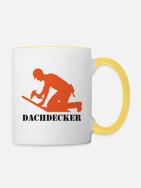 Dachdecker Silhouette Logo - Tasse zweifarbig - Weiß/Gelb