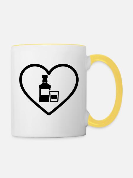 Herz-Whiskeyflasche und Glas - Tasse zweifarbig - Weiß/Gelb