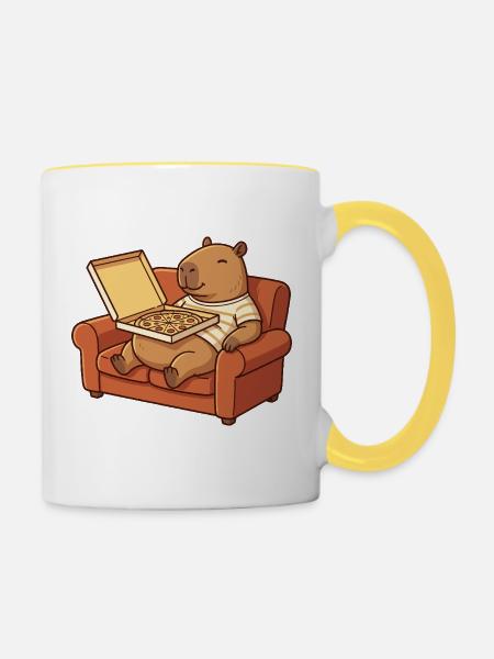 Capybara Sofa Pizza gemütliches Tierdesign - Tasse zweifarbig - Weiß/Gelb