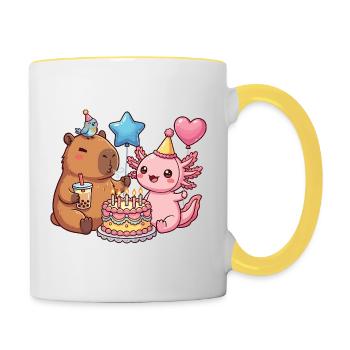 Capybara Axolotl Bird Birthday Party - Contrasting Mug - white/yellow - Right
