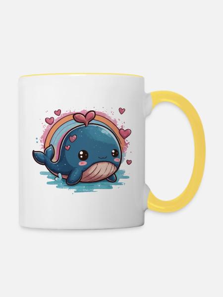 Kawaii Herzwal mit Regenbogen - Tasse zweifarbig - Weiß/Gelb
