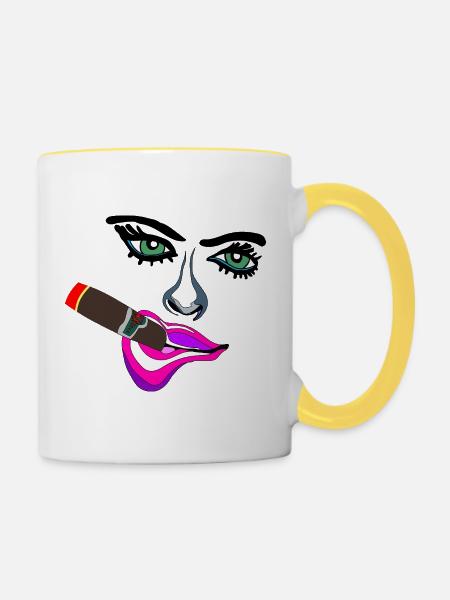 Neon Lippen Pop-Art Zigarre - Tasse zweifarbig - Weiß/Gelb