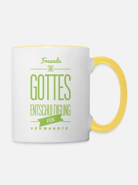 Spruch: Gottes Entschuldigung - Tasse zweifarbig - Weiß/Gelb