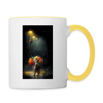 tanzender Clown im Regen - Tasse zweifarbig - Weiß/Gelb - Rechts