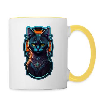 chaton noir et lumière néon - Mug contrasté - blanc/jaune - Droite