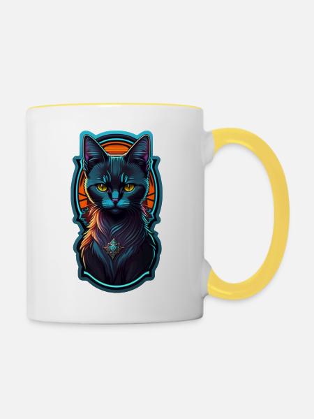 Schwarzes Kätzchen und Neonlicht - Tasse zweifarbig - Weiß/Gelb