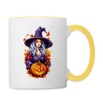 Halloween Hexe mit Kürbiskopf - Tasse zweifarbig - Weiß/Gelb - Rechts
