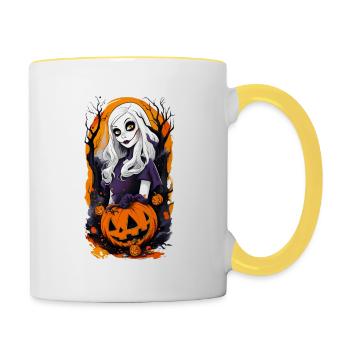 Halloween Grusselige Mädchen Puppe - Tasse zweifarbig - Weiß/Gelb - Rechts