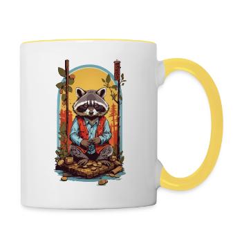 Waschbär Glück Japan Retro Kanji Design Stil - Tasse zweifarbig - Weiß/Gelb - Rechts