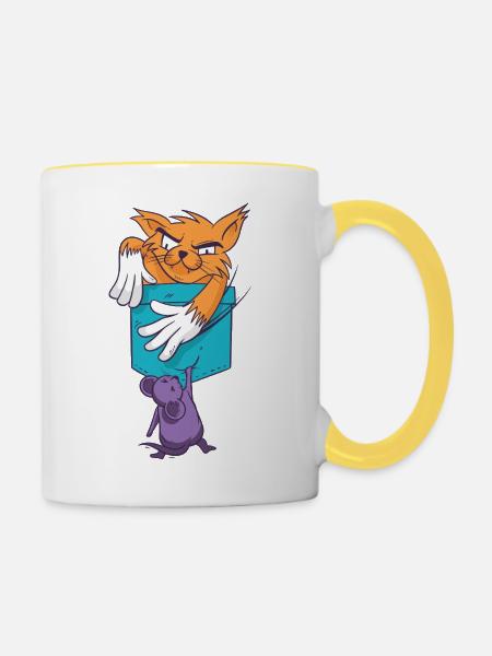 Verspielte Katze mit Mausmuster - Tasse zweifarbig - Weiß/Gelb