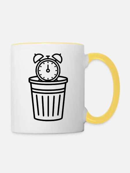Wecker im Mülleimer Zeit - Tasse zweifarbig - Weiß/Gelb