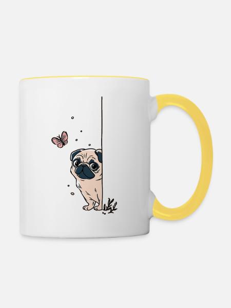 Mops mit Schmetterling - Tasse zweifarbig - Weiß/Gelb
