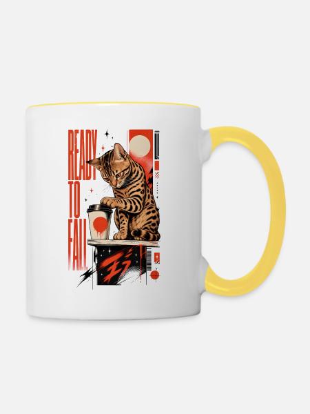 Ready to Fall – Freche Bengal Katze - Tasse zweifarbig - Weiß/Gelb