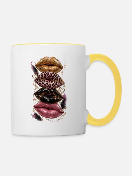 Glamour Lippenkollage Leopardenglanz - Tasse zweifarbig - Weiß/Gelb