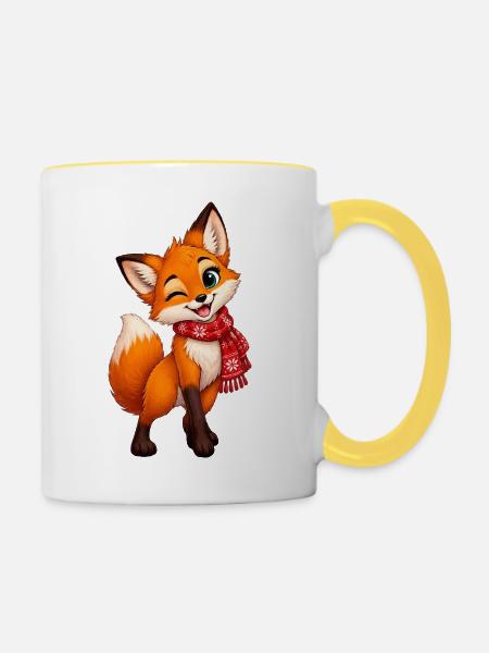 Kuschelfuchs mit rotem Schal - Tasse zweifarbig - Weiß/Gelb
