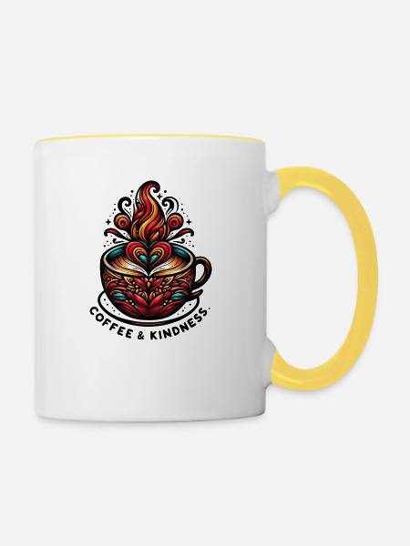 Coffee & Kindness - Tasse zweifarbig - Weiß/Gelb