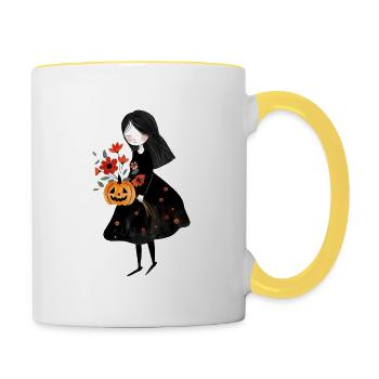 Cute Halloween Girl with Flowers and Pumpkin - Tasse zweifarbig - Weiß/Gelb - Rechts