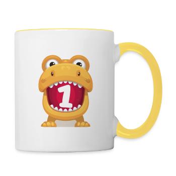1. Geburtstag Geschenkidee 1 Jahr alt Dino - Tasse zweifarbig - Weiß/Gelb - Rechts