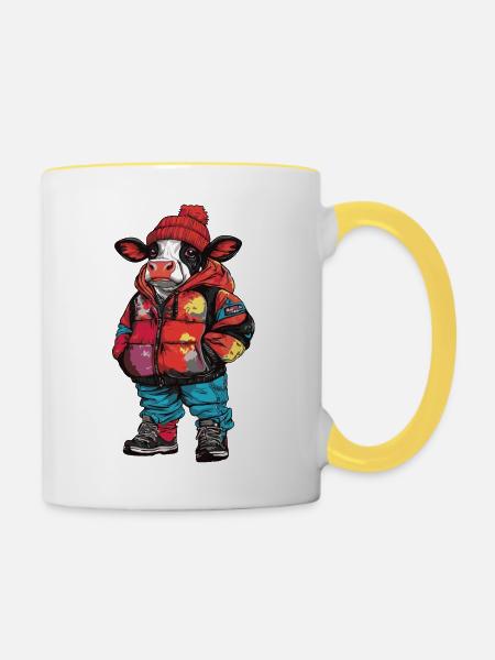 Kuh Winter Fashion - Tasse zweifarbig - Weiß/Gelb