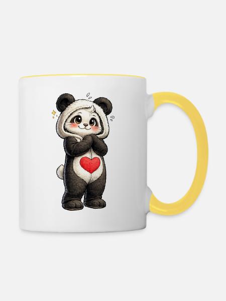 Schüchterner Panda mit rotem Herz - Tasse zweifarbig - Weiß/Gelb