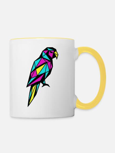 Geometrischer Papagei Low-Poly CMYK-Vogel - Tasse zweifarbig - Weiß/Gelb