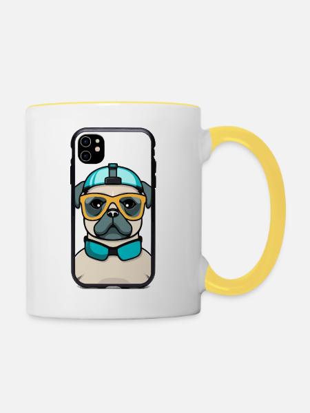 Pug mit Schnorchel und Brille - Tasse zweifarbig - Weiß/Gelb