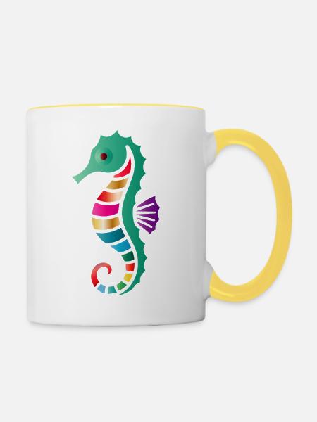 Buntes Seepferdchen | Maritimes Kunstmotiv - Tasse zweifarbig - Weiß/Gelb