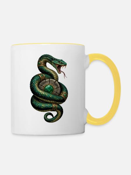 Grüne Schlange mit Schmuckkugel - Tasse zweifarbig - Weiß/Gelb