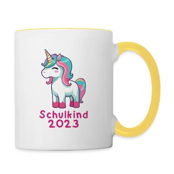 Schulkind 2023 Unicorn - Tasse zweifarbig - Weiß/Gelb - Rechts
